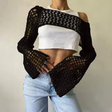 Women's Lightweight Crochet Crop Top Bell Sleeve for Beach and Daily Wear