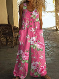 Women's Floral Button Front Coverall Jumpsuit - High Waist Wide Leg Romper with Pockets for Summer Beach Daily Wear