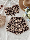 Women's Leopard Print 2 Piece Set Strapless Bow Crop Top and High Waist Shorts Casual Summer Outfit