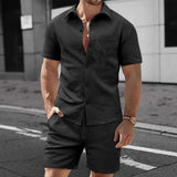Men's 2 Piece Jacquard Set with Short Sleeve Button Up Shirt and Drawstring Shorts for Casual and Vacation Wear