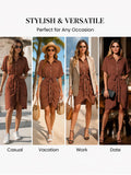 Women's Boho Dress Collared Single Breasted Tie Waist Short Sleeve Shirt Dress Rushed Botton Front Casual Vacation