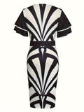 Womens Black and White Abstract Print Round Neck Ruffle Sleeve Form-Fitting Midi Dress