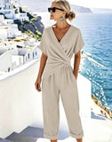 Women’s 2 Piece Summer Outfits Short Sleeve Wrap Top and Wide-Leg Pants Set Casual Resort Lounge Set with Pockets