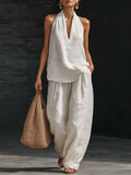 Women's Casual Halter Neck Sleeveless Top and Wide Leg Pants Slub Linen Two-Piece Set