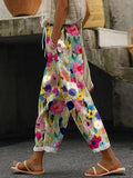 Women's Capri Pants with Pocket Linen Cotton Like High Waist Flowy Elastic Loose Fit Travel Summer Boho Gauze Pants