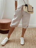 Women's Cropped Pants with Elastic Waistband, Diagonal Side Pockets, and Faux Drawstring
