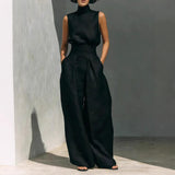 Women's 2-Piece Textured Outfit Set, Sleeveless Mock Turtleneck Top & High Waist Pleated Wide Leg Pants with Pockets
