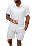 Men's White 2 Piece Outfit, Summer Wear, Short Sleeve Button-Down Shirt and Elastic Waist Shorts Set for Casual wear