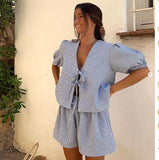 Women 2 Piece Outfit, Summer Casual Plaid Lace-Up Top and Shorts Matching Set for Beach Vacation Puff Sleeve