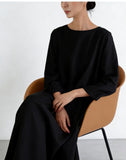 Women's Cotton-Linen Maxi Dress Three-Quarter Sleeve Pleated Loose Fit for Casual Daily Wear