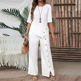 Women 2 Piece Outfit, Button Half Sleeve Shirt & Irregular Hem Long Pants Set, Loose Elegant Casual Matching Suit