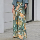 Women's 2-Piece Vacation Outfit Set, Puff 3/4 Sleeve Solid Blouse & High Waist Tropical Leaf Print Wide Leg Pants