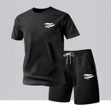 Men's Black 2 Piece Crew Neck Short Sleeve T Shirt and Drawstring Casual Shorts Summer Set