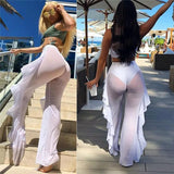 Women's Ruffle Sheer Mesh Swimwear Bikini Cover Up Pants See Through