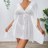 Women's Lace Detail Beach Kimono - V-Neck Short Sleeve Batwing Sleeve Cover Up