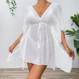 Women's Lace Detail Beach Kimono - V-Neck Short Sleeve Batwing Sleeve Cover Up