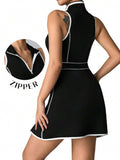 Womens Sleeveless Contrast Outline Tennis Sport Dress High Waist Anti Exposure Slim Fitness Yoga Skirt with Inner Shorts
