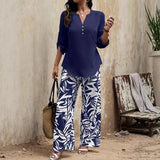 Women's 2 Piece Blue Elegant Long Sleeve V Neck Top Pullover and Floral Print Wide Leg Pants Set Vacation Matching Outfit