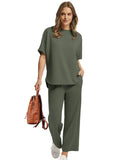Women's 2-Piece Loungewear Outfit Set, Crew Neck Short Sleeve Curved Hem Top & Elastic Drawstring Wide Leg Pants
