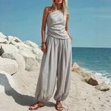 Womens 2 Piece One Shoulder Draped Sleeveless Top and High Waist Balloon Pants Casual Vacation Set