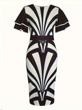 Womens Black and White Abstract Print Round Neck Ruffle Sleeve Form-Fitting Midi Dress