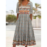 Women Summer Boho Casual Dresses 3/4 Sleeve V Neck Loose Comfort A-Line Flowy Maxi Dress