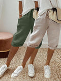 2Pcs Women's Cropped Pants with Elastic Waistband, Diagonal Side Pockets, and Faux Drawstring