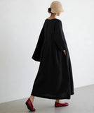 Women's Cotton-Linen Maxi Dress Three-Quarter Sleeve Pleated Loose Fit for Casual Daily Wear