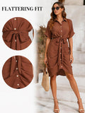Women's Boho Dress Collared Single Breasted Tie Waist Short Sleeve Shirt Dress Rushed Botton Front Casual Vacation
