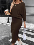 Women's Brown Two-Piece Sweater Skirt Set Ribbed Knit Casual Fall Outfit