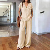 Women's 2-Piece Short Sleeve Top and Elastic Waist Wide Leg Pants Set, Comfortable V-Neck and Pants for Summer Office