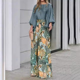 Women's 2-Piece Vacation Outfit Set, Puff 3/4 Sleeve Solid Blouse & High Waist Tropical Leaf Print Wide Leg Pants