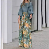 Women's 2-Piece Vacation Outfit Set, Puff 3/4 Sleeve Solid Blouse & High Waist Tropical Leaf Print Wide Leg Pants