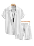 Men's White 2 Piece Outfit, Summer Wear, Short Sleeve Button-Down Shirt and Elastic Waist Shorts Set for Casual wear