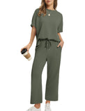 Women's 2-Piece Loungewear Outfit Set, Crew Neck Short Sleeve Curved Hem Top & Elastic Drawstring Wide Leg Pants