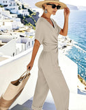 Women’s 2 Piece Summer Outfits Short Sleeve Wrap Top and Wide-Leg Pants Set Casual Resort Lounge Set with Pockets