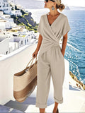 Women’s 2 Piece Summer Outfits Short Sleeve Wrap Top and Wide-Leg Pants Set Casual Resort Lounge Set with Pockets