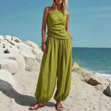 Womens 2 Piece One Shoulder Draped Sleeveless Top and High Waist Balloon Pants Casual Vacation Set