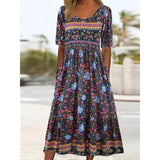 Women Summer Boho Casual Dresses 3/4 Sleeve V Neck Loose Comfort A-Line Flowy Maxi Dress