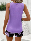 Women's 2 Piece Casual Outfit, Solid Sleeveless Tank Top and Floral Print Drawstring Shorts Set, Summer Vacation Co-Ord