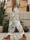 Women's White Bee and Flower Print Drawstring Waist Cropped Pants with Rolled Cuffs and Pockets for Casual Everyday Wear