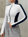 Womens Stand Collar Full Zip Color Block Yoga Jacket Slim Stretch Long Sleeve Thumb Hole Sport Cropped Outerwear Top