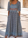 Women Summer Boho Casual Dresses 3/4 Sleeve V Neck Loose Comfort A-Line Flowy Maxi Dress