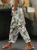 Women's Capri Pants with Pocket Linen Cotton Like High Waist Flowy Elastic Loose Fit Travel Summer Boho Gauze Pants