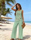 Women Two Piece Sets Boho Floral Dressy Casual Going Out Outfit Sleeveless Tiered Tank Top Wide Leg Pant Trendy Suit