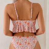 Women's Floral Print Ruffled Hem Scallop Trim High Waist Two Piece Bikini Set Perfect for Beach Vacation and Summer Wear