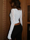 Womens Square Neck Lace Long Sleeve Contrast Crop Top Casual Romantic Blouse for Daily Wear