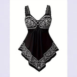 Women Plus Size 2 Piece Set, Sexy Lace Floral Print Cami Top & Capri Black Pants, Elegant Casual Matching Set