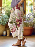 Women's Floral Print Elastic Waist Casual Loose Pants Summer Beach Trousers with Pockets