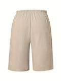 Womens Solid Color Drawstring Elastic Waist Loose Fit Casual Knee Length Shorts with Pockets